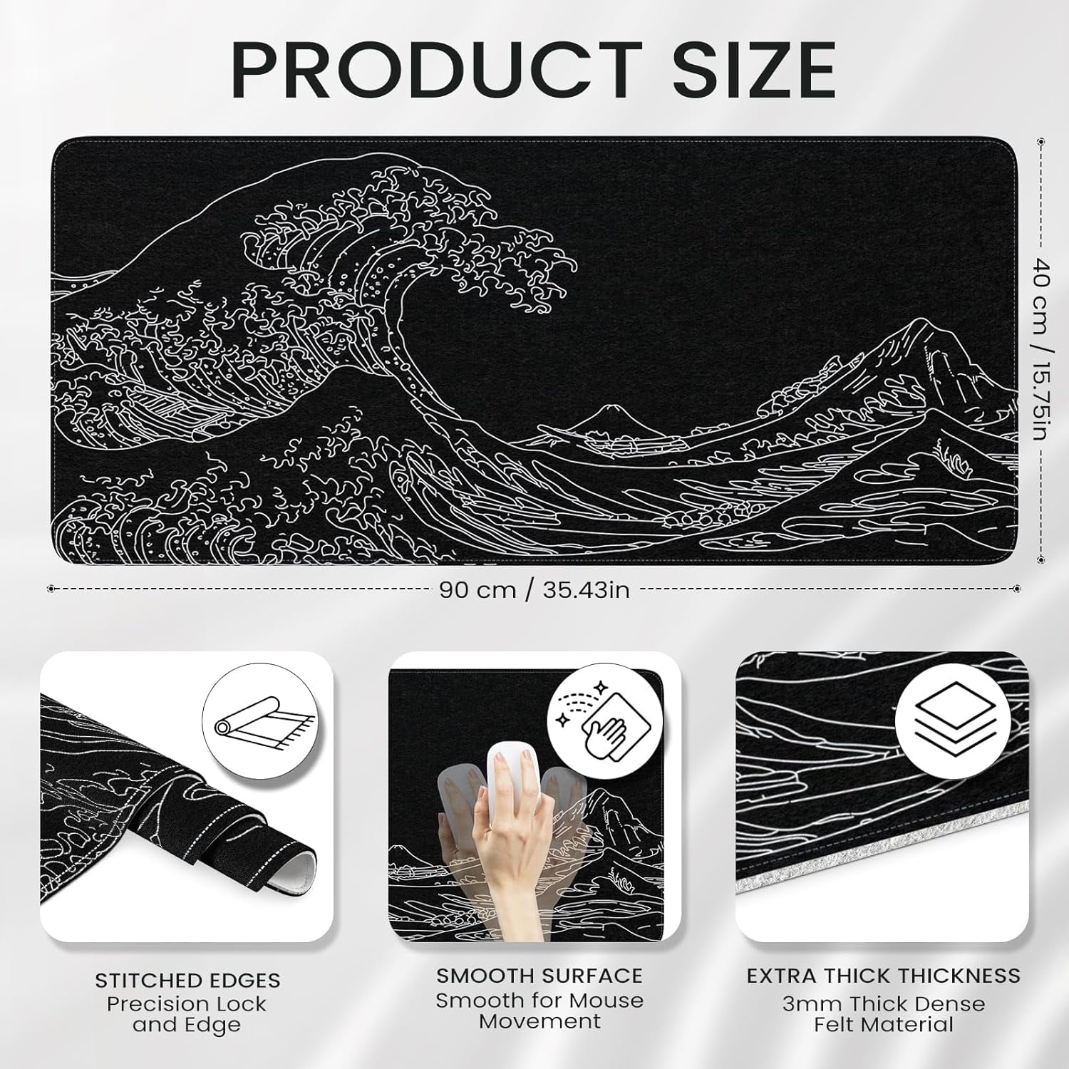 Desk Mat Pad, Gaming Mouse Pad,XL Large Mouse Pad for Desk Rubber Base Mousepad with Stitched Edges,Keyboard Mouse Mat for Work,Game, Office, Home - Black Wave of Kanagawa