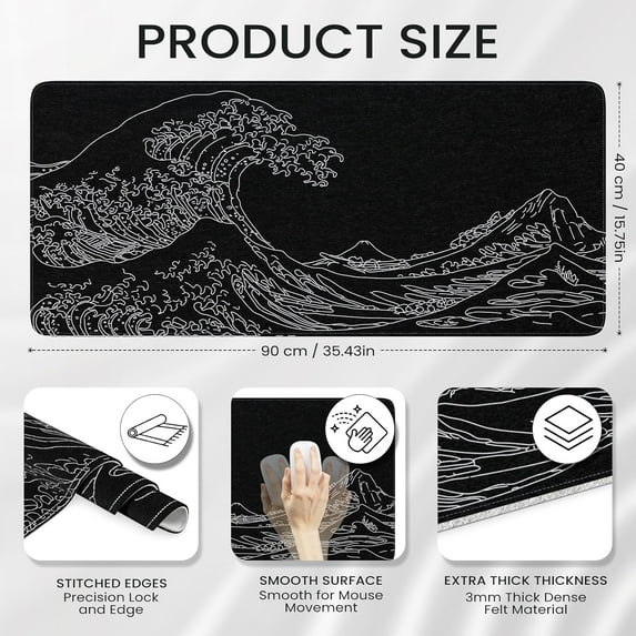 Desk Mat Pad, Gaming Mouse Pad,XL Large Mouse Pad for Desk Rubber Base Mousepad with Stitched Edges,Keyboard Mouse Mat for Work,Game, Office, Home - Black Wave of Kanagawa