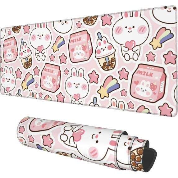 Desk Mat, Pink Kawaii Rabbit Extended Gaming Mouse Pad Large, 31.5"x11.8" Big Mouse Pad with Non-Slip Base and Stitched Edge, Long Computer Keyboard Mouse Mat for Home Office Work