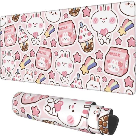 Desk Mat, Pink Kawaii Rabbit Extended Gaming Mouse Pad Large, 35.4"x15.7" Big Mouse Pad with Non-Slip Base and Stitched Edge, Long Computer Keyboard Mouse Mat for Home Office Work