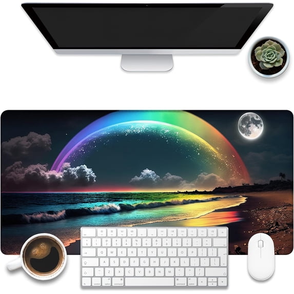 Desk Mat, Rainbow and Full Moon Desk Pad, Beach at Night Large Gaming Mouse Pad for Desk, 31.5"x11.8" Extended Big Computer Keyboard Mouse Pad with Non-Slip Base and Stitched Edge