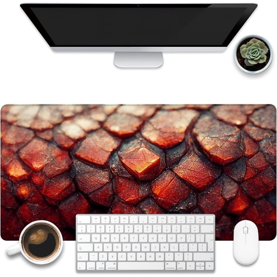 Desk Mat, Red Fire Dragon Scales Desk Pad, Cool Dragon Large Gaming Mouse Pad for Desk, 31.5"x11.8" Extended Big Computer Keyboard Mouse Pad with Non-Slip Base and Stitched Edge