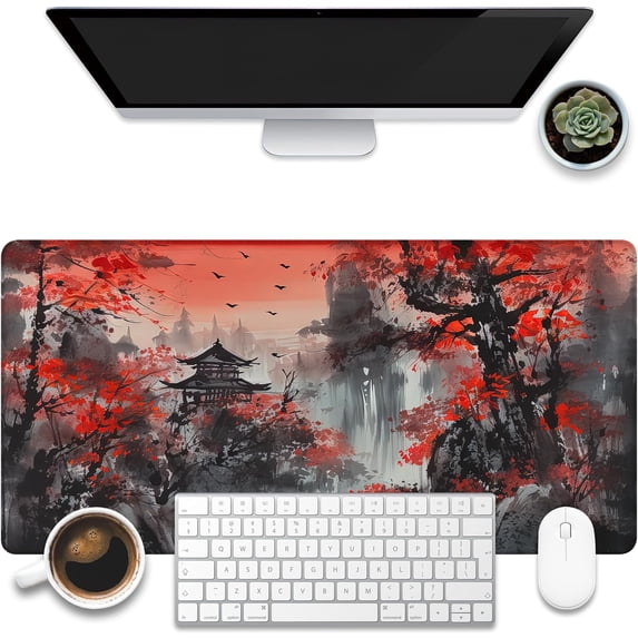 Desk Mat, Red Landscape Painting Desk Pad, Ink Painting Large Gaming Mouse Pad for Desk, 31.5"x11.8" Extended Big Computer Keyboard Mouse Pad with Non-Slip Base and Stitched Edge