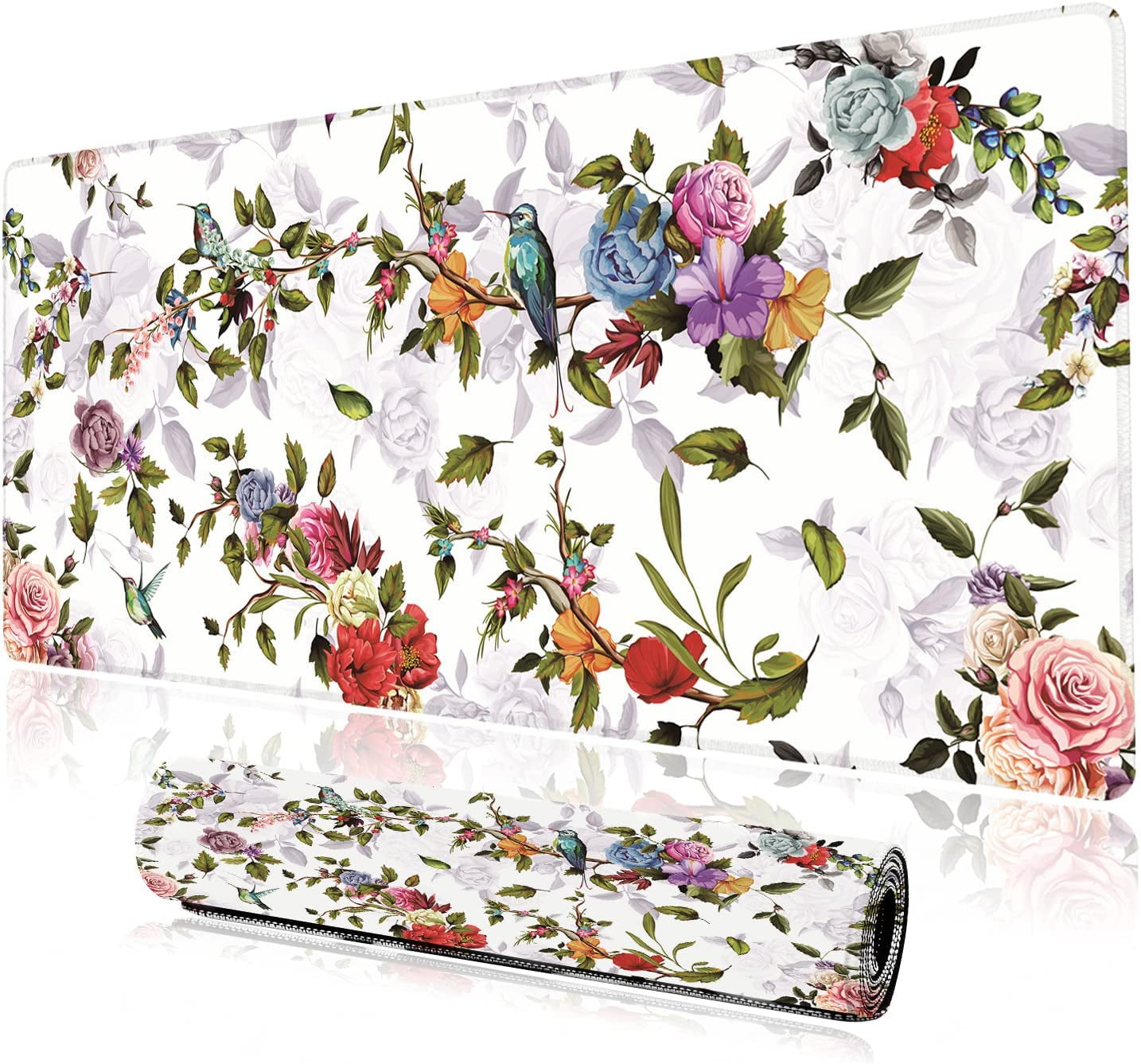 Desk Mat, Rose Poppy and Hummingbirds Pattern Large Desk Pad Extended ...