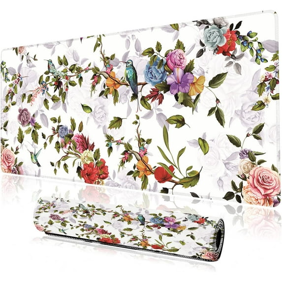 Desk Mat, Rose Poppy and Hummingbirds Pattern Large Desk Pad Extended Gaming Mouse Pad, 35.4 x 15.7inch Mouse Pad with Non-Slip Rubber Base Stitched Edges, Home Office Decor for Women Girls Men Boys