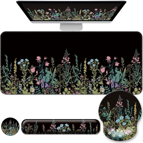 Desk Mat Set + Keyboard and Mouse Pad with Wrist Rest Support,4-in-1 Large Mousepad Computer Mats for Desktop Home & Office-Flowers Garden