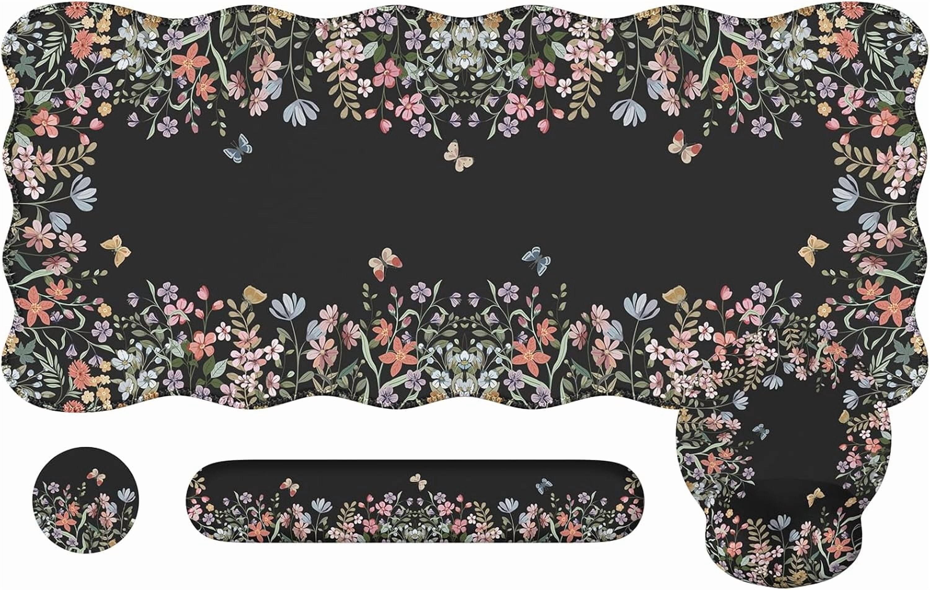 Desk Mat Set,Large Mouse Pad with Wrist Rest,Ergonomic Keyboard Wrist Support for Women,Girly Floral Computer Mat with Scalloped Edges,Non-Slip Desk Pad Home Office Gaming (Black)