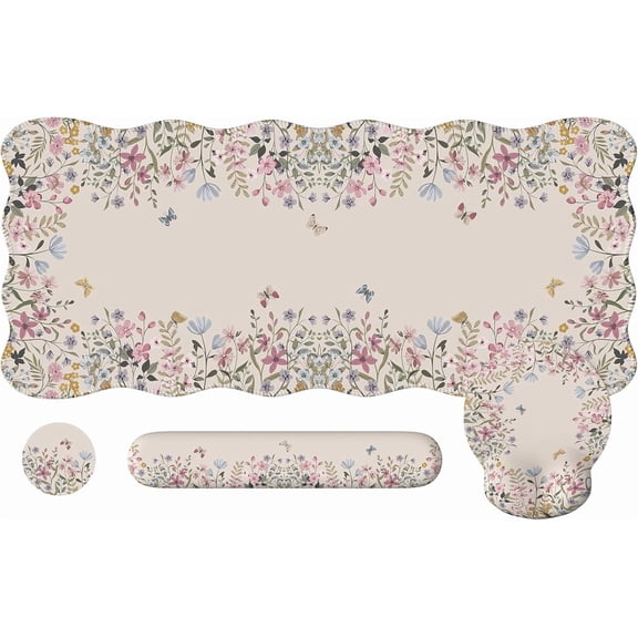 Desk Mat Set,Large Mouse Pad with Wrist Rest,Ergonomic Keyboard Wrist Support for Women,Girly Floral Computer Mat with Scalloped Edges,Non-Slip Desk Pad Home Office Gaming (Beige)