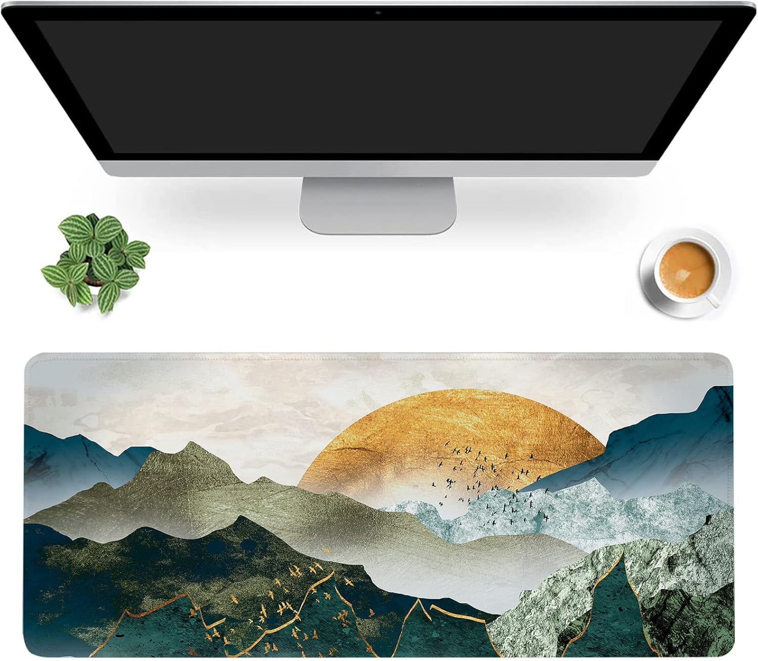 Desk Mat,The Green Golden Mountains by Sunset Extended Gaming Mouse Pad,Large Non-Slip Rubber Base Mousepad with Stitched Edges,Waterproof Mouse Mat Desk for Office Game Home 35.4x15.75 in
