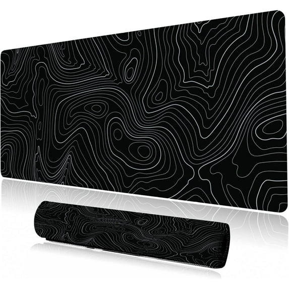 Desk Mat, Topographic Map Lines Pattern Large Desk Pad Extended Gaming Mouse Pad, 35.4 x 15.7inch Mouse Pad with Non-Slip Rubber Base Stitched Edges, Home Office Decor for Women Girls Men Boys