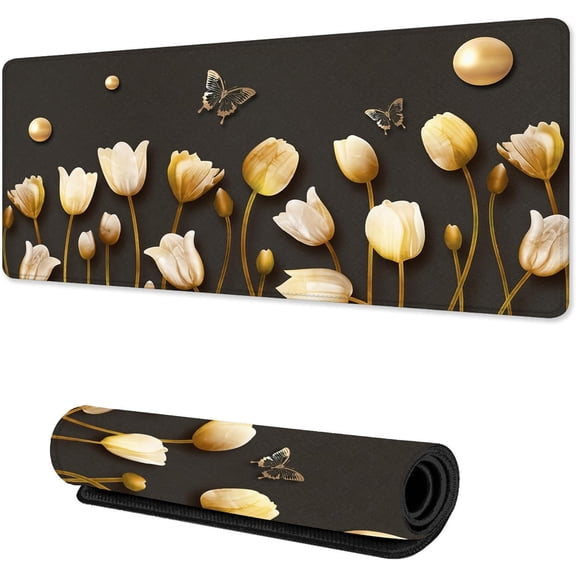 Desk Mat,Tulipany Flowers Butterfly 3D Mouse pad 31.5 x 15.7 in Extended Mousepad Non-Slip Rubber Base, Stitched Edges Keyboard Mouse Mat Desk Pad for Office Home and Game