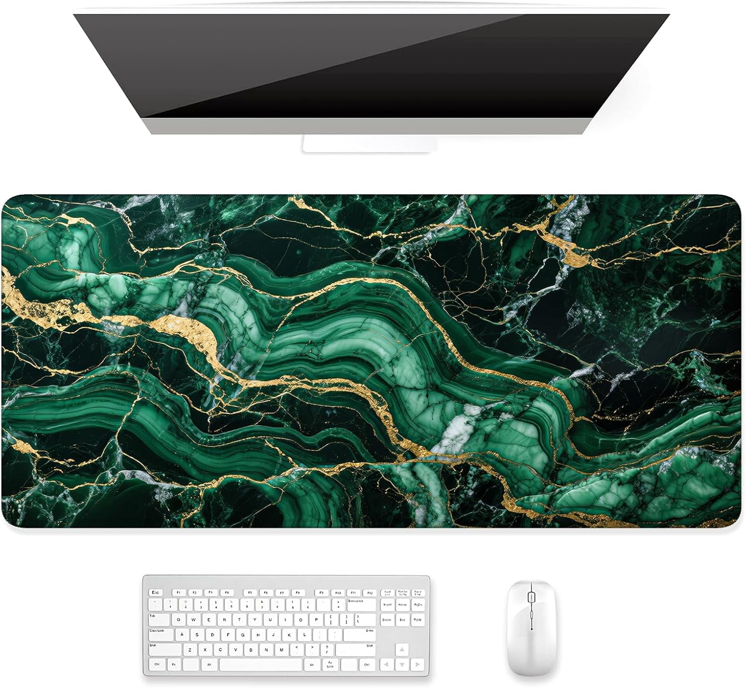 Desk Mat, Ultra Large Mouse Pad, XXL Gaming Mousepad, Pretty Desk Pad, Big Extended Full Size Desktop Desk Matt for Keyboard, Laptop & Computer, 35.5 x 15.7 in, Green Marble