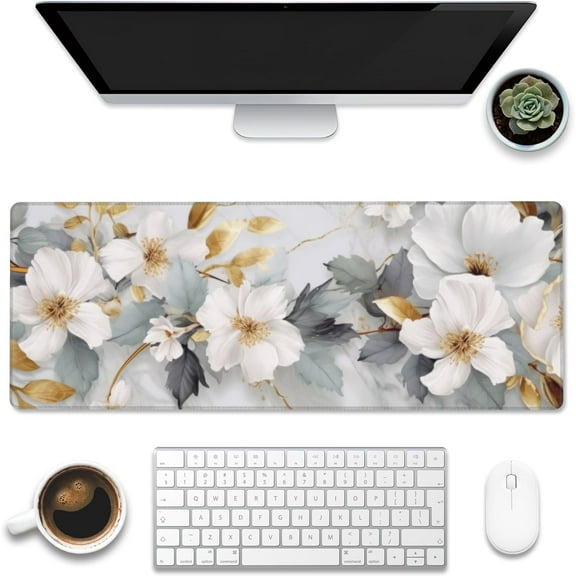 Desk Mat,White Gold Marble Desk Pad,White Flowers Golden Leaves Large Gaming Mouse Pad for Desk,Extended Big Computer Keyboard Mouse Pad with Non-Slip Base and Stitched Edge,31.5"x11.8"