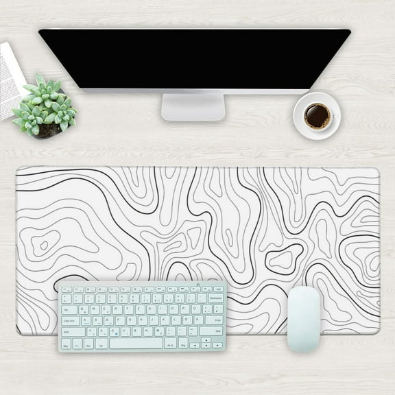 Desk Mat, White Topographic Contour Map Extended Gaming Mouse Pad Large, 35.4"x15.7" Big Mouse Pad with Non-Slip Base and Stitched Edge, Long Computer Keyboard Mouse Mat for Home Office Work