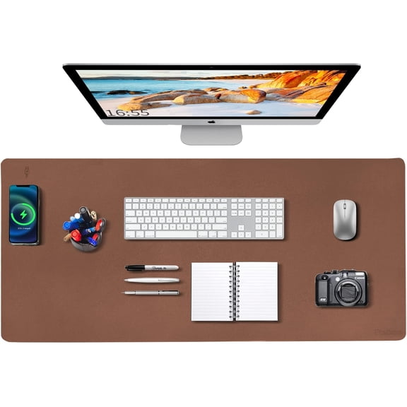 Desk Mat Wireless Charging Mouse Pad Large 32x16 Journey Desk Pad Mat with Wireless Charger Waterproof Leather Computer Mat with Phone Charger Mousepad Non-Slip for Keyboard and Mouse