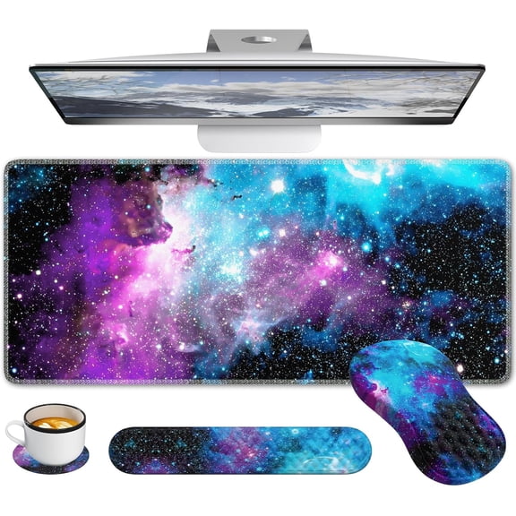 Desk Mat with Wrist Support, Desk Pad for Keyboard and Mouse, Purple Desk Mat, Keyboard Pad and Mouse Pad Combo, Carpal Tunnel Mousepad Gaming for Office, Galaxy Space Purple Nebula