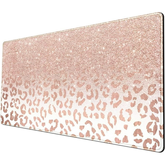 Desk Mat XXL Mouse pad, Pink Rose Gold Leopard Print Office Supplies and Accessories Decor for Women 31.5X15.75in,Stitched Edges Smooth Non-Slip Rubber Bottom, Large pad