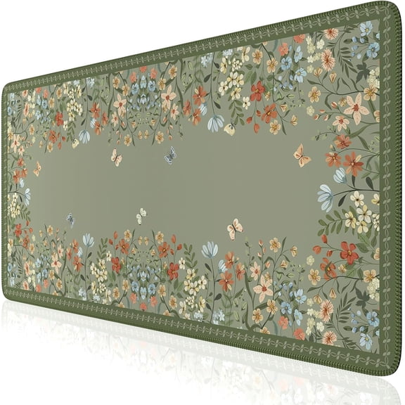 Desk Mat for Keyboard and Mouse,Large Non-Slip,Cute Pad with Stitched Edges,Floral Mousepad Women,Girly Computer Home Office Gaming(Sage Green)