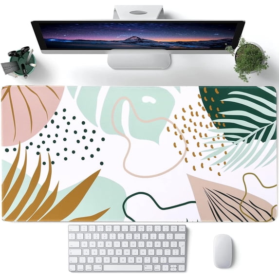 Desk Matt, Gaming Mouse Pad Large, XXL Desk Pad Mat with Stitched Edges, Non-Slip Base Mousepad, Keyboard Mat for Office Computer Desktop Laptop School Writing, Boho Tropical Green Leaves