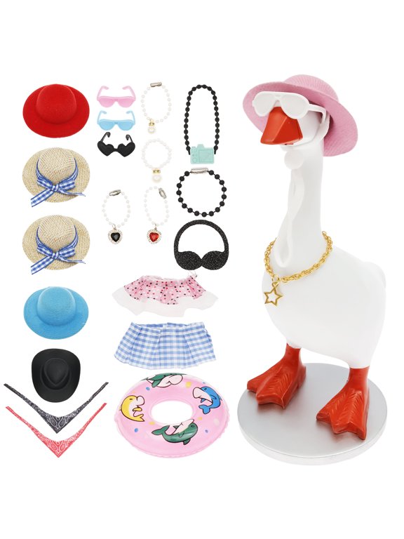 Desk Mini Goose Key Holder 7 Inch with 23PCS Outfit Desktop Magnetic Small Porch Goose Resin Statue Cute Figurine Keychain Hanging Table Decor for Home Office Bedroom Housewarming Present