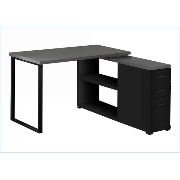 Desk, Modern L-Shaped Home Office Desk with Left/Right Setup & Storage Drawers, Black & Grey Laminate | Black Metal | Particle Board | Black