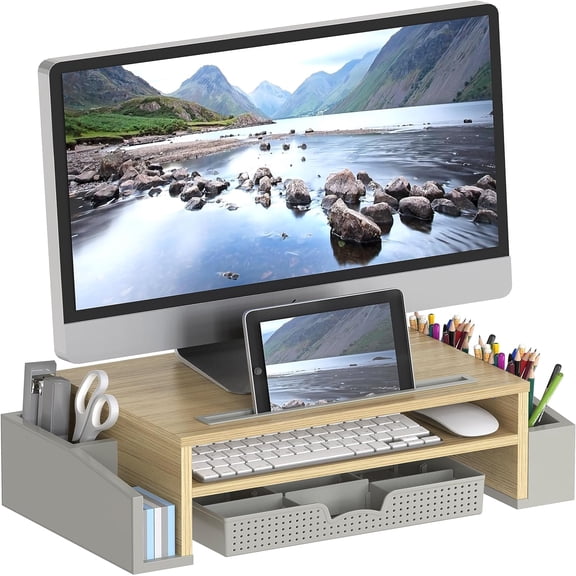 Desk Monitor Stand Riser w/ Adjustable Tray, Oak