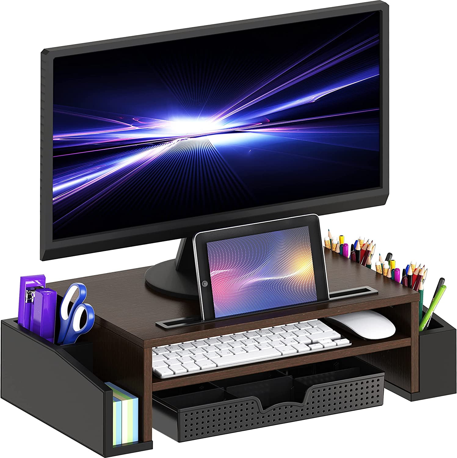 Espresso Wood Monitor Stand Riser with Adjustable Organizer