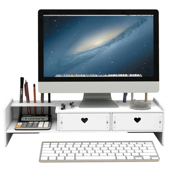 Youersen Desk Monitor Stand Riser with Organizer Tray, Desktop Shelf with Two Drawer, White