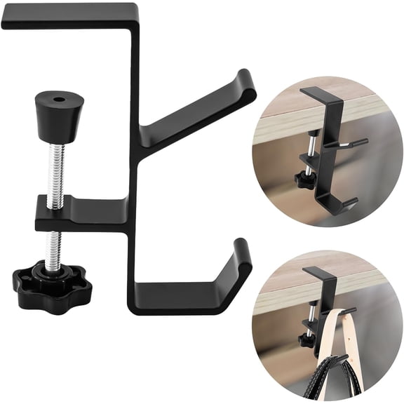 Desk Mount Bag Holder Hook Clamp,On Backpack Hanger Portable Desk Mount Headphones Holder for Reduce Desk Clutter Table Desk Table Hanging Storage (1 Pcs-Double Hook Black)