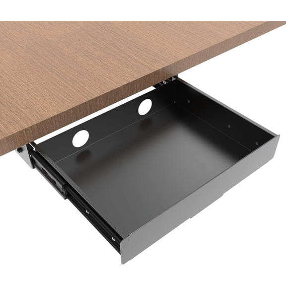 Under Desk Mounted Slide out Drawer, W 13.4" x D 9.3" Storage Organizer with Cable ManagementPull Out Add-On Storage for Office & Standing Desks with High Crossbar, Metal, Black (Medium)