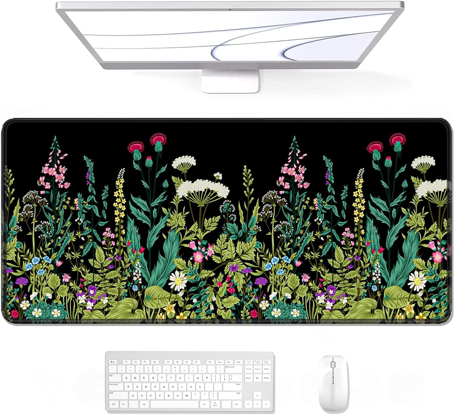 Desk Mouse Pad, Large Gaming Mousepad, XXL Desk Pad, Extended Long Superior Micro-Weave Cloth Non-Slip Rubber Big Computer Mouse Mat for Gamer, Office & Home, 35" x 15", Black Flowers