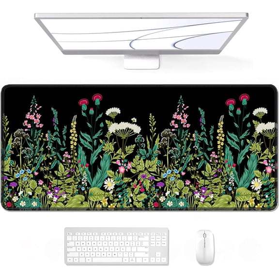 Desk Mouse Pad, Large Gaming Mousepad, XXL Desk Pad, Extended Long Superior Micro-Weave Cloth Non-Slip Rubber Big Computer Mouse Mat for Gamer, Office & Home, 35" x 15", Black Flowers