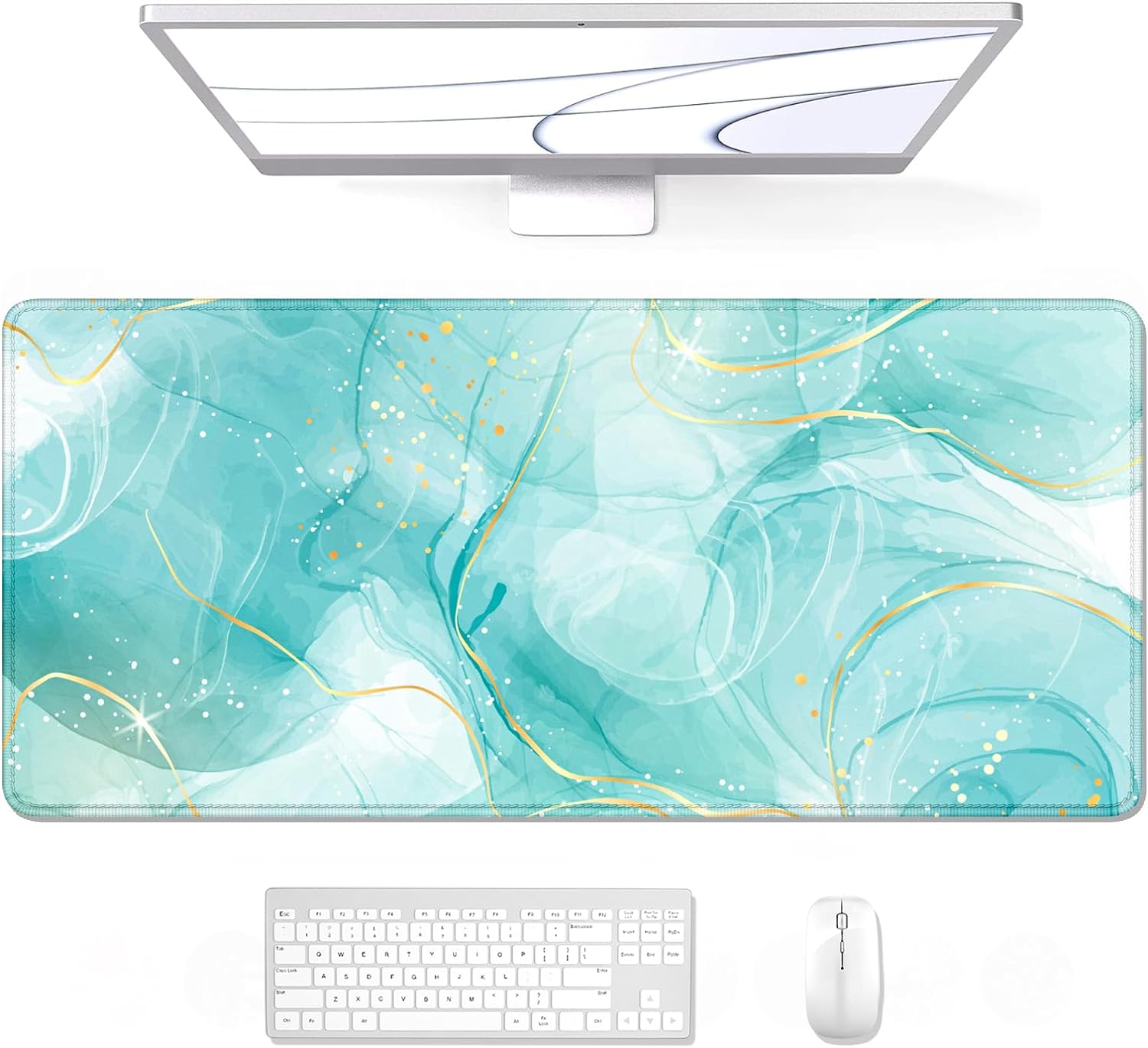Desk Mouse Pad, Large Gaming Mousepad, XXL Desk Pad, Extended Long Superior Micro-Weave Cloth Non-Slip Rubber Big Computer Mouse Mat for Gamer, Office & Home, 35" x 15", Teal Gold Marble