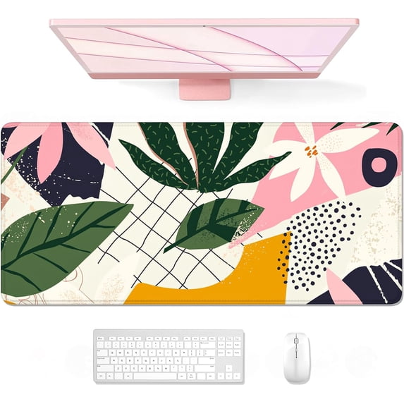 Desk Mouse Pad, Large Gaming Mousepad, XXL Desk Pad, Extended Long Superior Micro-Weave Cloth Non-slip Rubber Big Computer Mouse Mat for Gamer, Office & Home, 35" x 15", Pink Tropical Flower