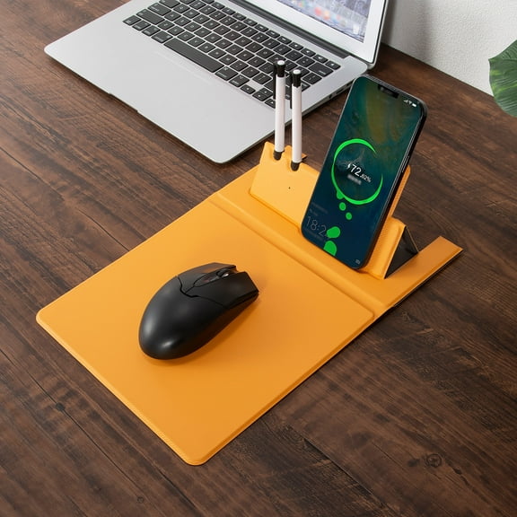 Desk Mouse Pad with Wireless Charger, 15w Fast Wireless Charger Folding Phone Stand Office Home Fast Charging Mouse Pad with Pen Plug
