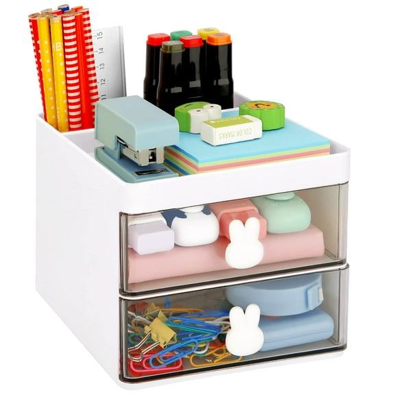 Desk Organization, Multifunctional Small Desk Organizer with 3 Compartments + 2 Drawers, for Home, Classroom, Office, Art Supplies - White