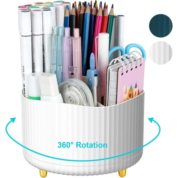 Desk Organizer with 2 Drawer, Rotating Pen Holder for Desk, Desk Organizers and Accessories with 6 Slots Pen Organizer + 2 Drawer for Office Home Art Supplies