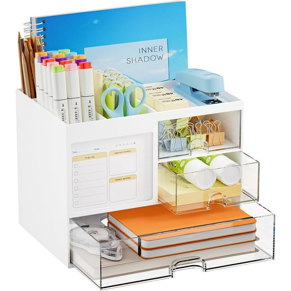 Desk Organizer with 3 Drawer, Multi-Functional Pencil Pen Holder for Desk, Desk Organizers and Accessories with 4 Compartments, Desktop Organizer Storage for Office Home Art Supplies (White)