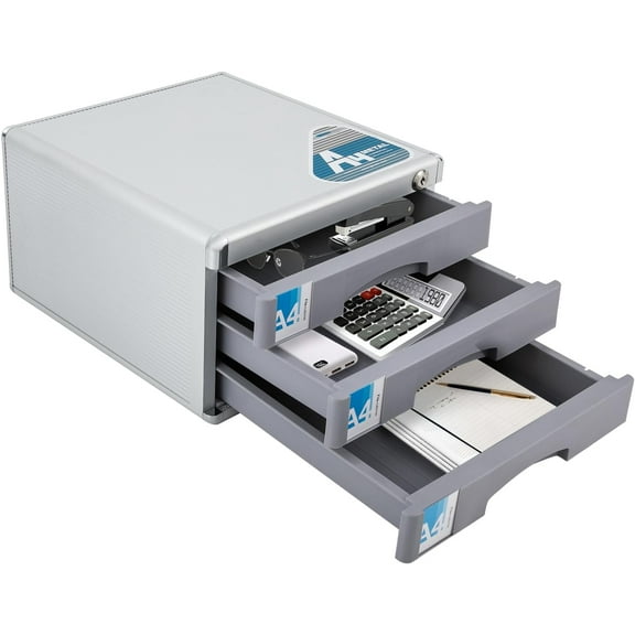Desk Organizer with 3 Drawers, Metal Desktop Storage Cabinet File Holder with Locks and Keys, Storage Organizer Filing Case for Office Bedroom Home, Silver & Grey