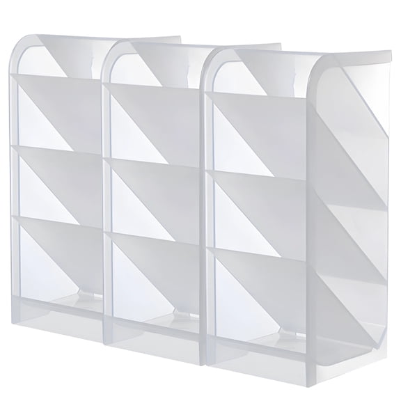 Desk Organizer 3 Pack, Tilted Design Makeup Brush Holder, Multi Compartment Storage Box for Art Supplies, Clear Plastic Pen Organizer Stand with 3 Sections