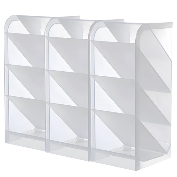 Desk Organizer 3 Pack, Tilted Design Makeup Brush Holder, Multi Compartment Storage Box for Art Supplies, Clear Plastic Pen Organizer Stand with 3 Sections