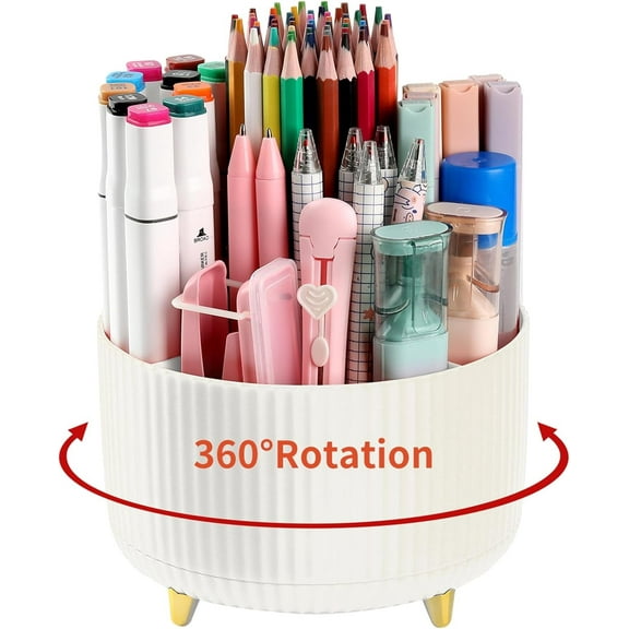 SUSWIM 5-Compartment Desktop Organizer & Holder with Rotating Organizers, Beige