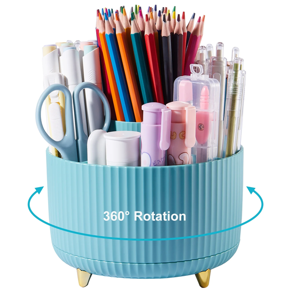 Desk Organizer,360 Rotating Plastic Desk Pen Organizer with 5 Slots,Dual-Purpose Art Supply Pencil Cup for Office,Home(Blue)