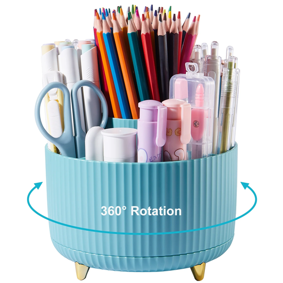 Desk Organizer,360 Rotating Plastic Desk Pen Organizer with 5 Slots,Dual-Purpose Art Supply Pencil Cup for Office,Home(Blue)