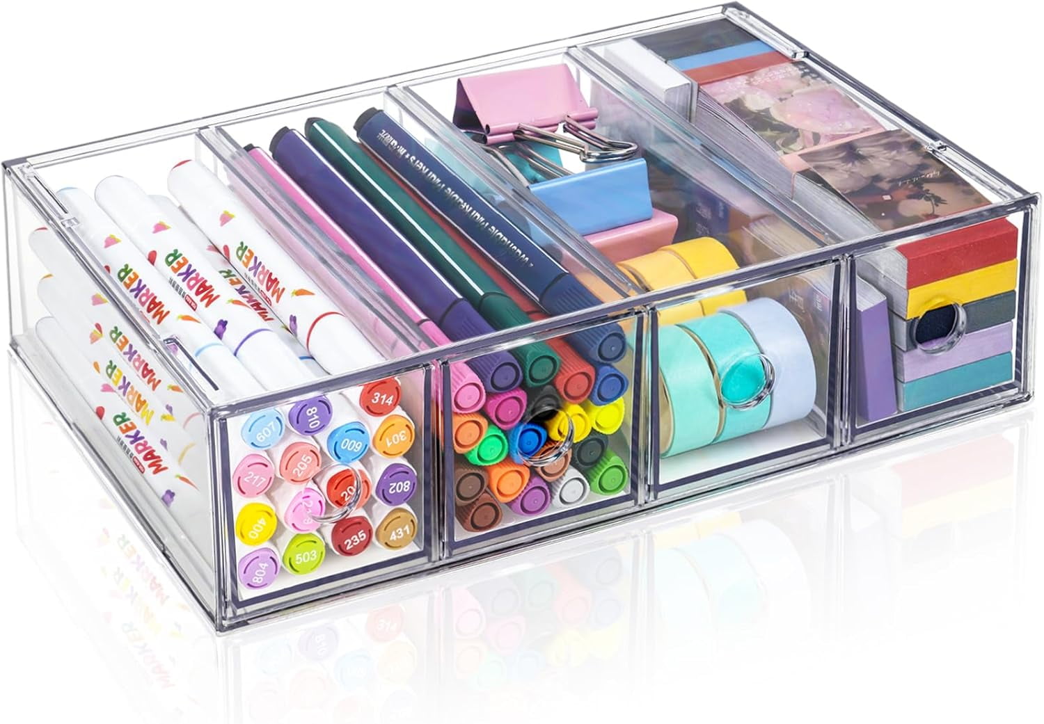 Desk Organizer with 4 Drawers, Stackable Desktop Storage Box with Removable Drawer, Clear Sunglasses Organizer Display Case for Stationery Marker Pens Eyeglasses Office Supply