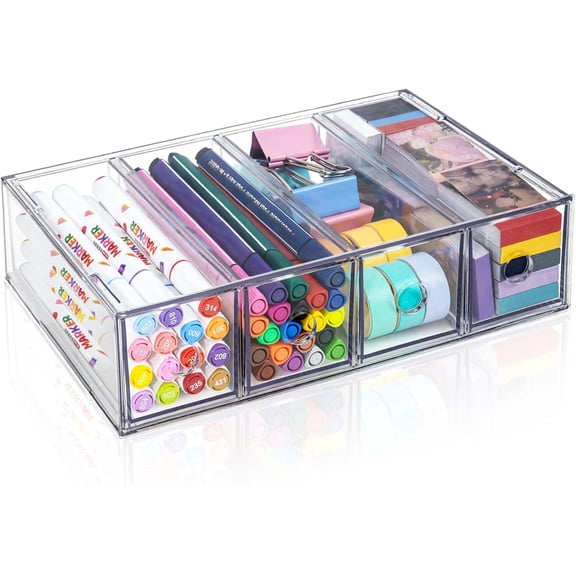 Desk Organizer with 4 Drawers, Stackable Desktop Storage Box with Removable Drawer, Clear Sunglasses Organizer Display Case for Stationery Marker Pens Eyeglasses Office Supply