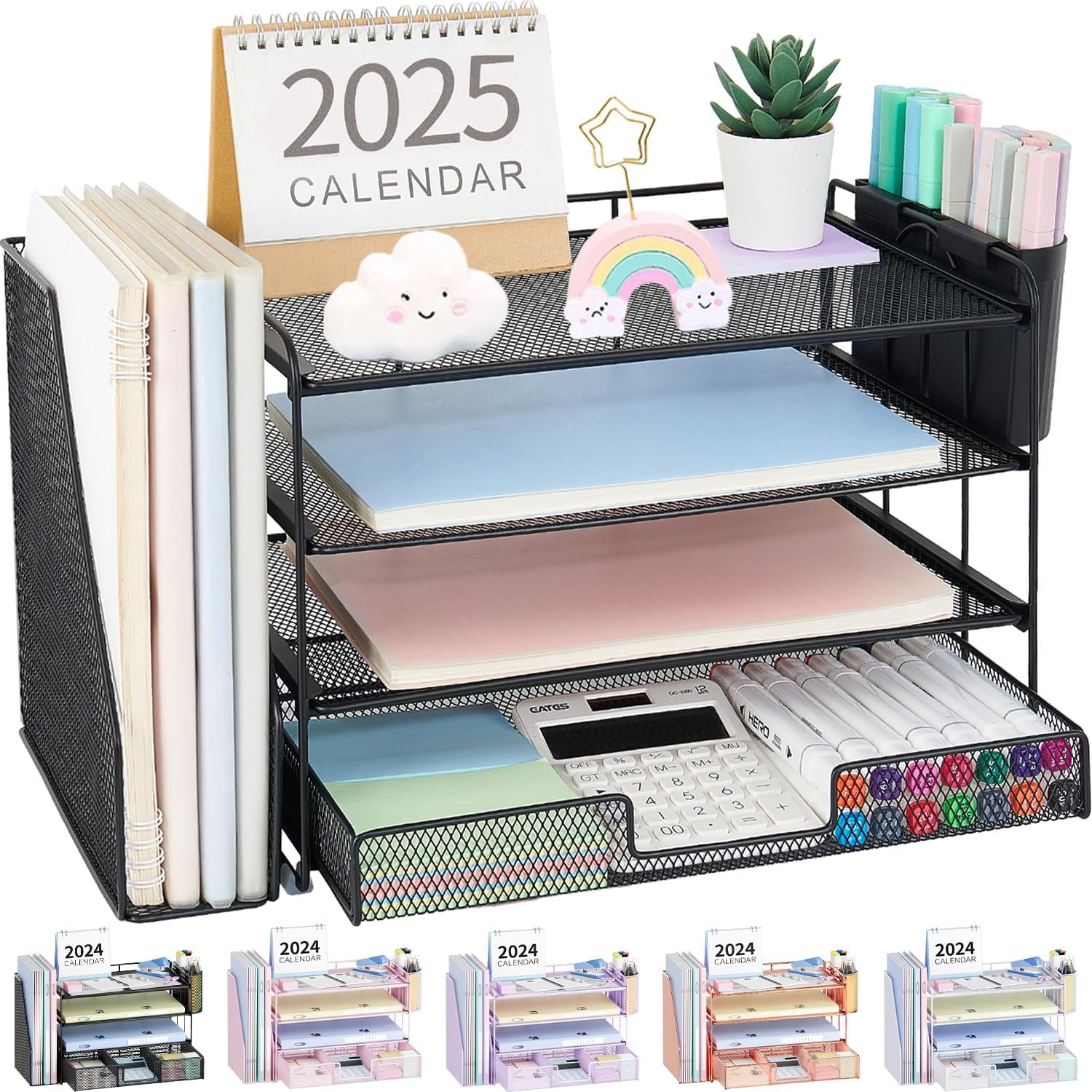 Desk Organizer, 4-Tier Desktop File Organizer with Drawer and 2 Pen Holders, Office Desk Accessories, File Sorters, Workspace Organizers for Office Supplies(Green)