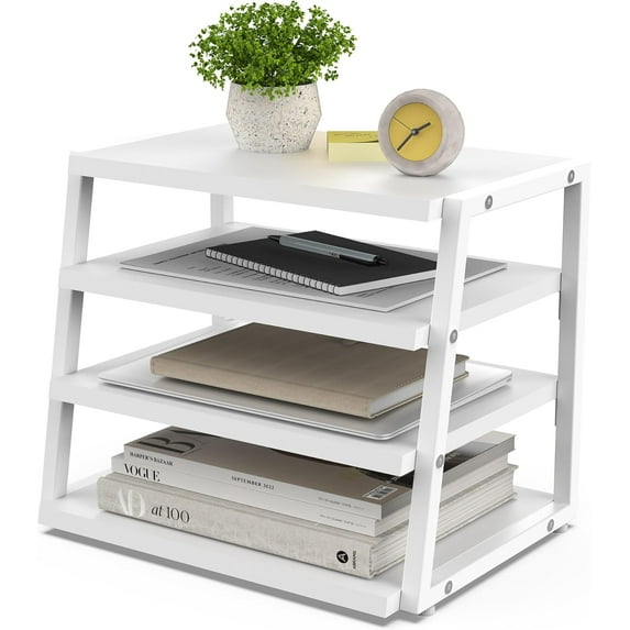 Desk Shelf Organizer, 4 Tier Desktop Shelf, Wood and Metal Office Shelves, Corner File Organizer for Office Supplies, Top of Desk Organizers and Accessories