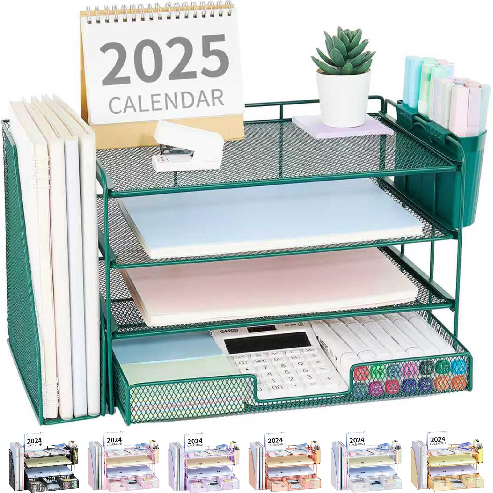 Desk Organizer  4-tier Desktop File With Drawer And 2 Pen Holders Office Accessories Sorters Workspace Organizers For Supplies(dark Green)