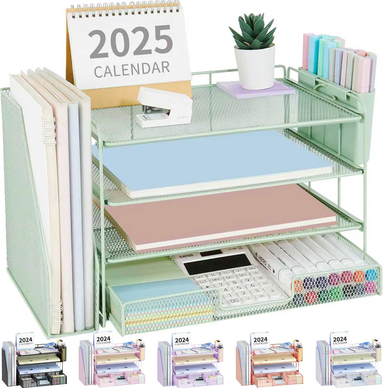 Desk Organizer  4-tier Desktop File With Drawer And 2 Pen Holders Office Accessories Sorters Workspace Organizers For Supplies(green)